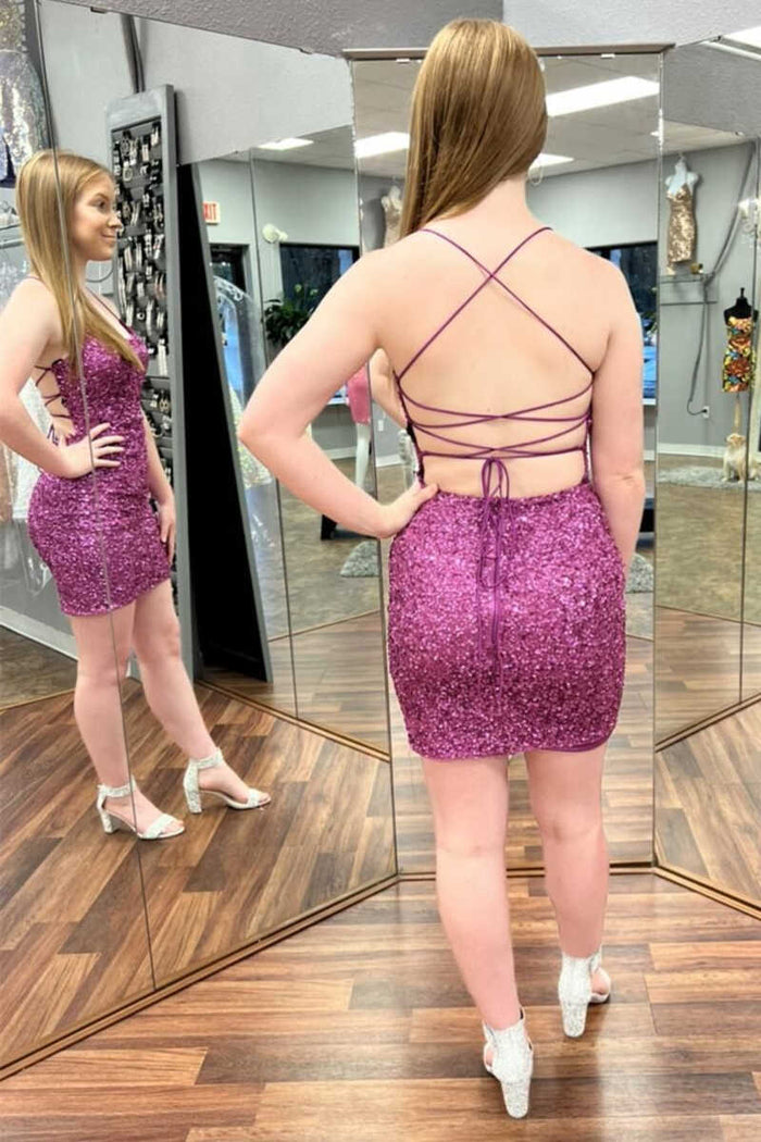 Purple Sequin Lace-Up Short Homecoming Dress