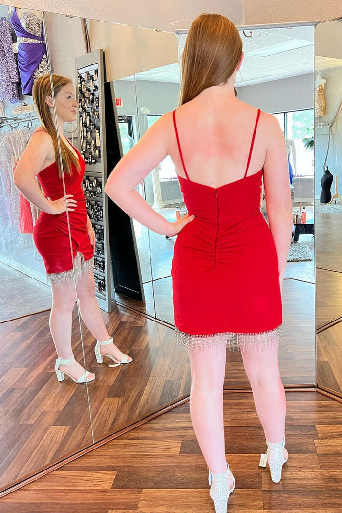 Red V-Neck Ruched Tassel Short Homecoming Dress