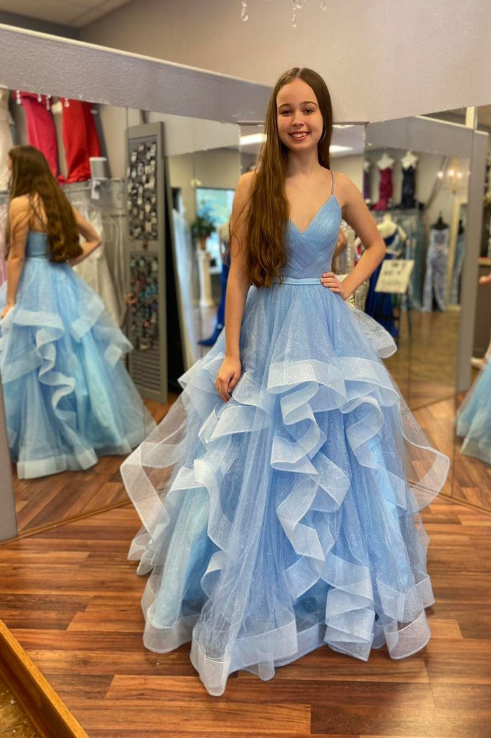 Blue Tulle Surplice Neck Multi-Tiered A-Line Prom Gown