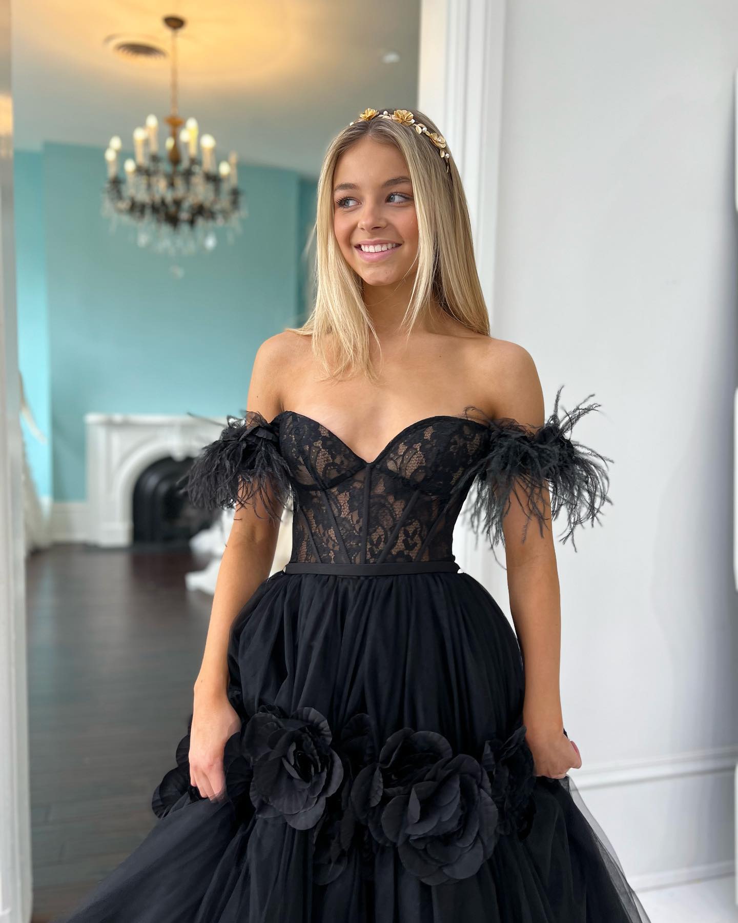 Black prom dress with pink cheap flowers