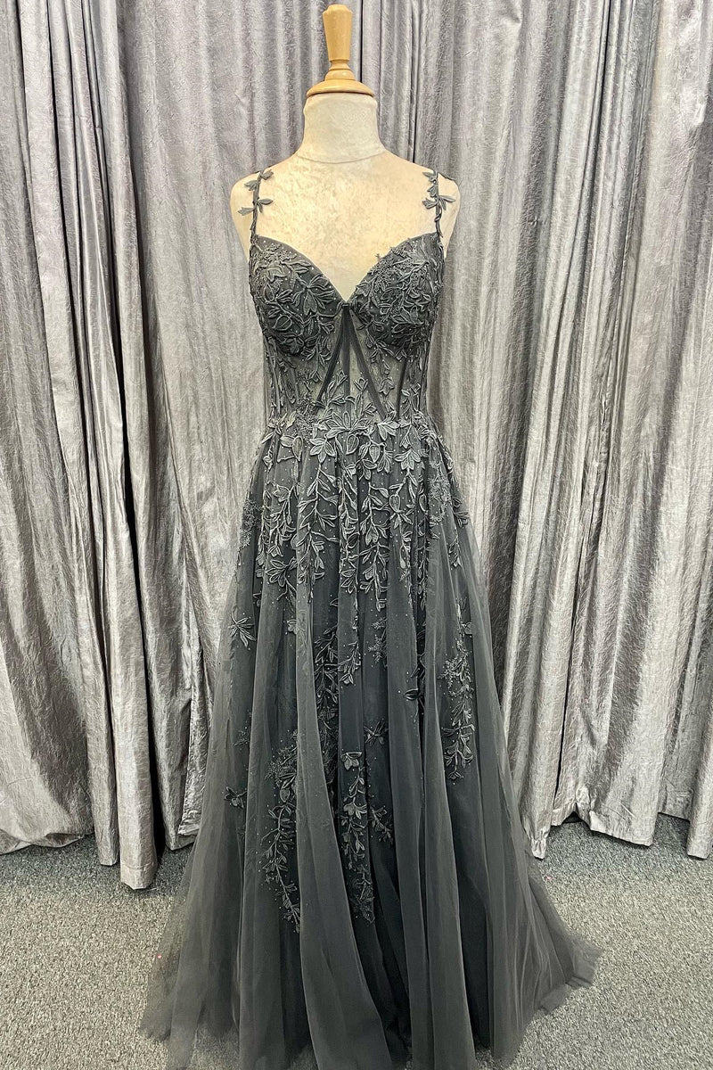 Aqua Tulle Floral Lace Off-the-Shoulder A-Line Prom Dress