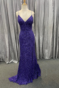 Mermaid Purple Sequin Long Prom Dress with Slit