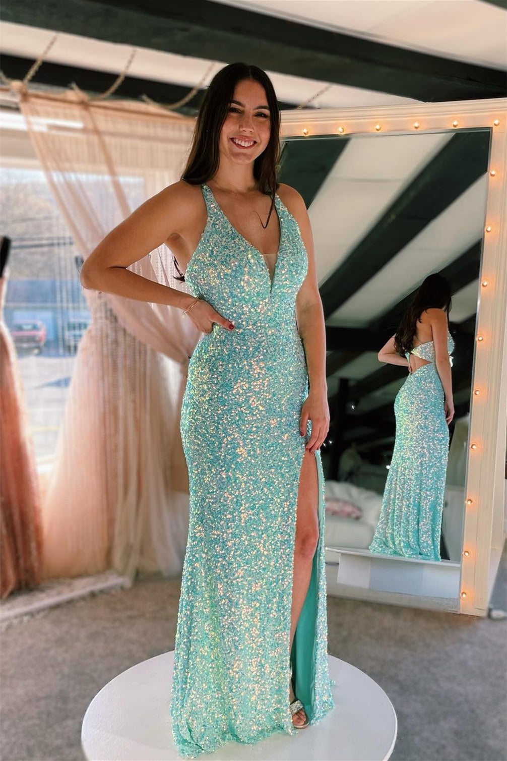 Blue Mermaid V Neck Sequins Halter Cut-Out Long Prom Dress with Slit