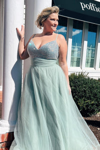 Dusty Sage A-line Beaded Tulle Straps Long Prom Dress with Slit
