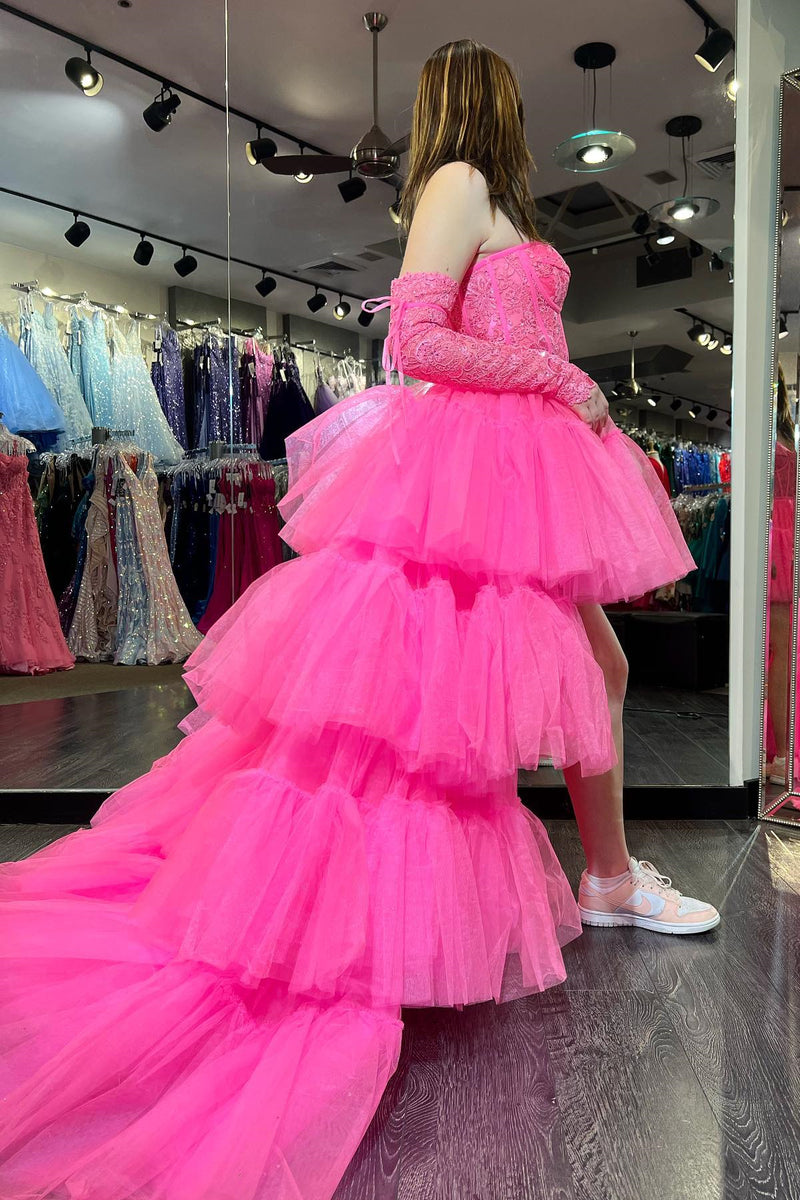 Hot Pink Lace Corset Tiered High-Low Prom Dress