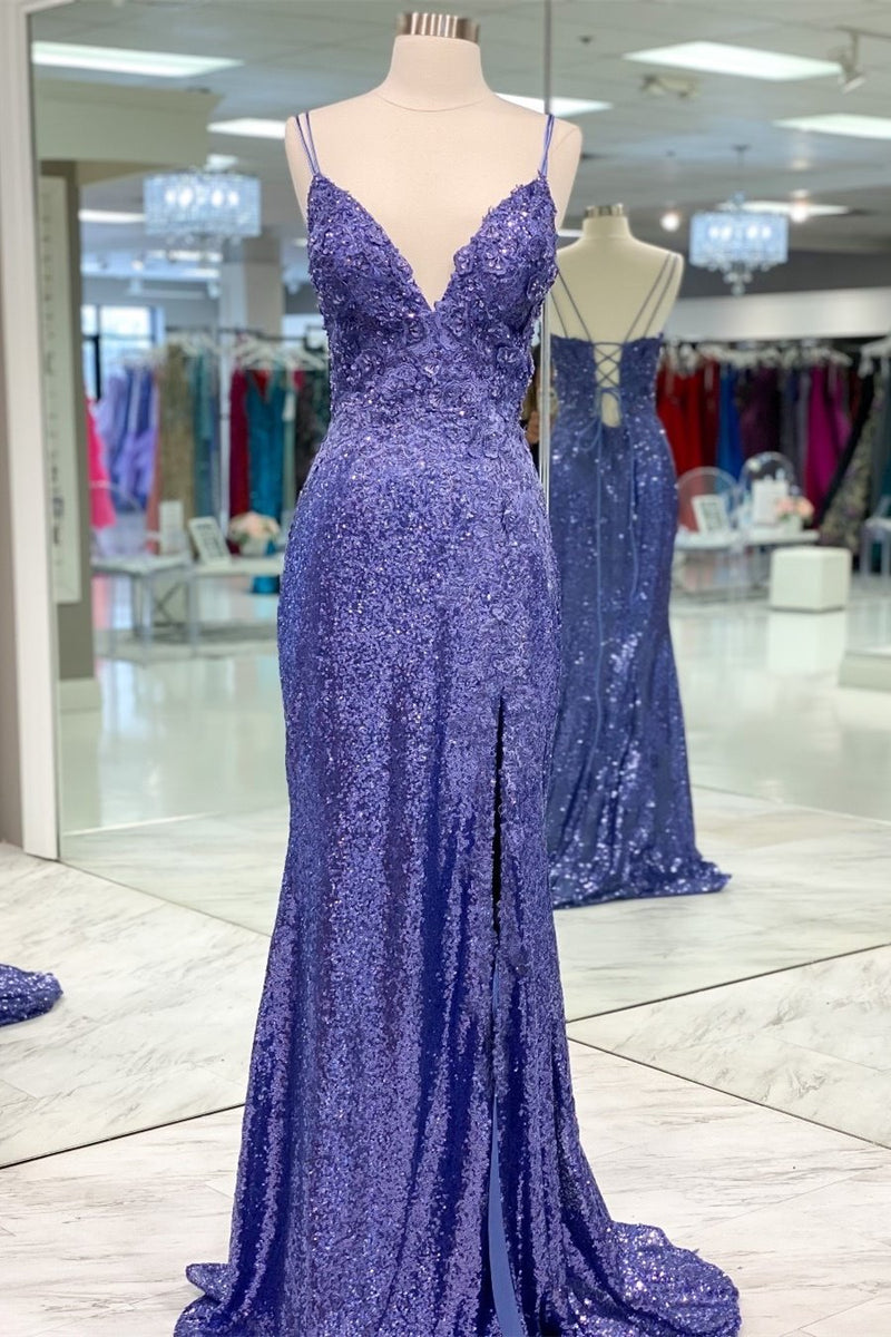 Mermaid Purples Sequins Long Prom Dress with Slit