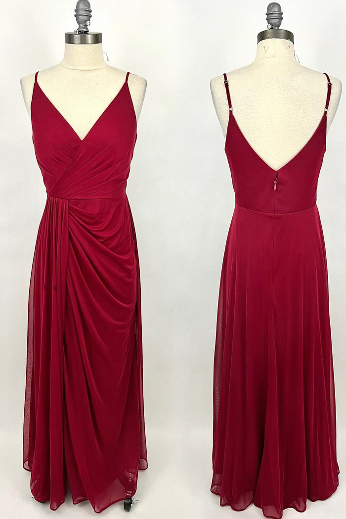 Wine Red Ruched V Neck Long Bridesmaid Dress