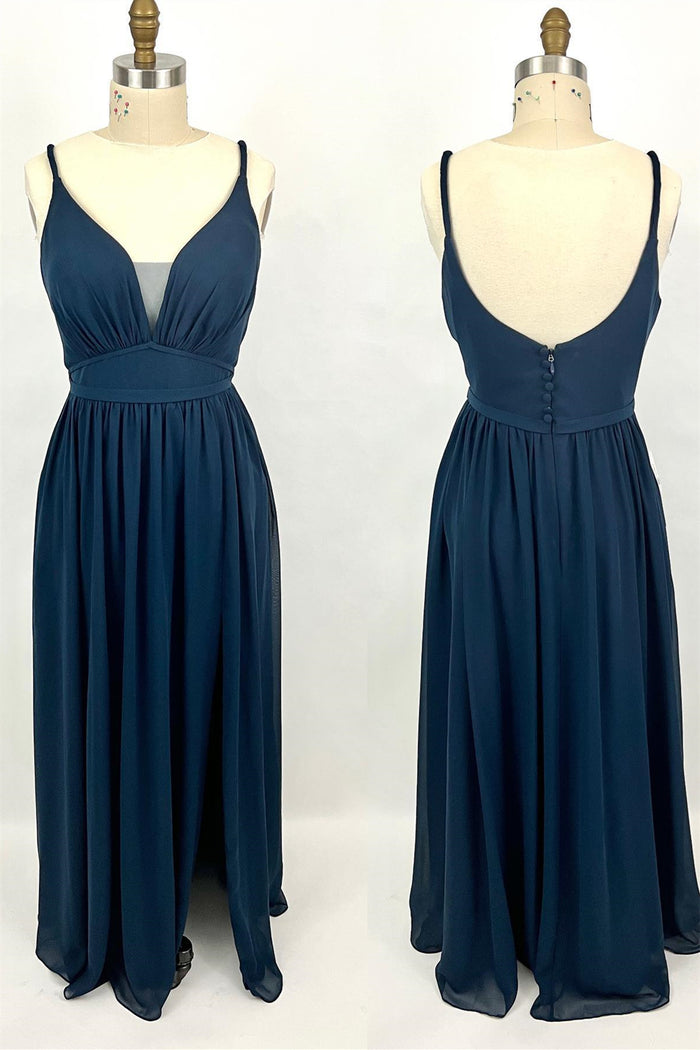 Navy Blue Chiffon A-line Long Bridesmaid Dress with Buttons