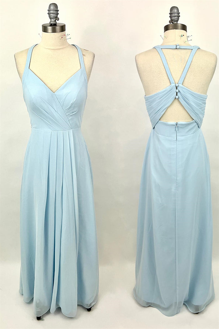 Halter Light Blue Chiffon A-line Long Bridesmaid Dress