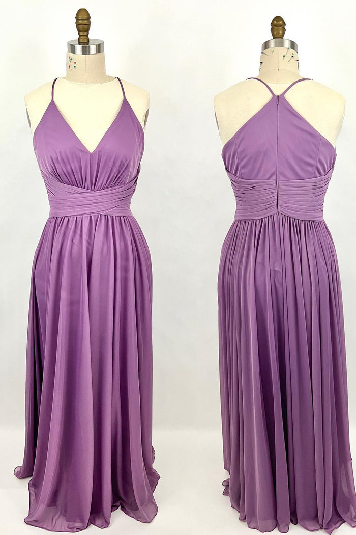 Purple Straps A-line Long Bridesmaid Dress