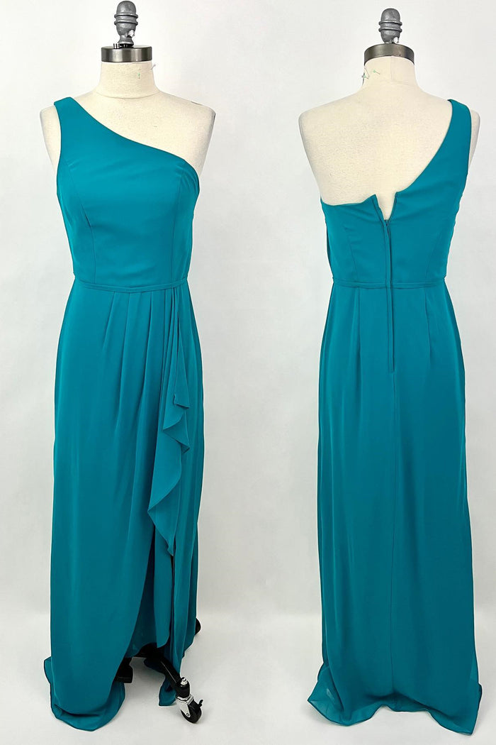 One Shoulder Turquoise Ruffles Chiffon Long Bridesmaid Dress