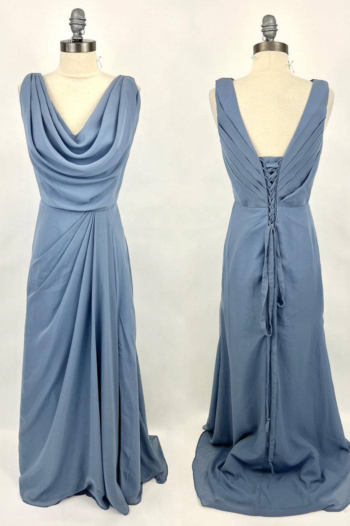 Cowl Neck Misty Blue Chiffon A-line Long Bridesmaid Dress
