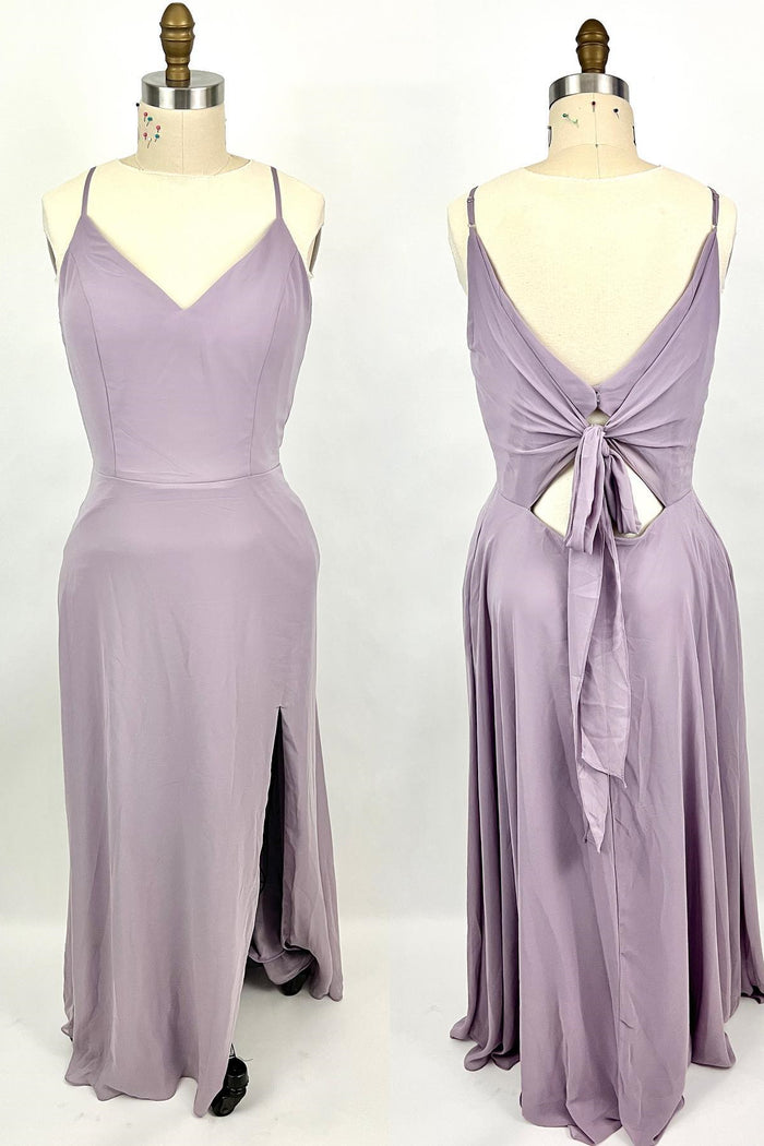 Straps Purple A-line Long Bridesmaid Dress with Tie Back