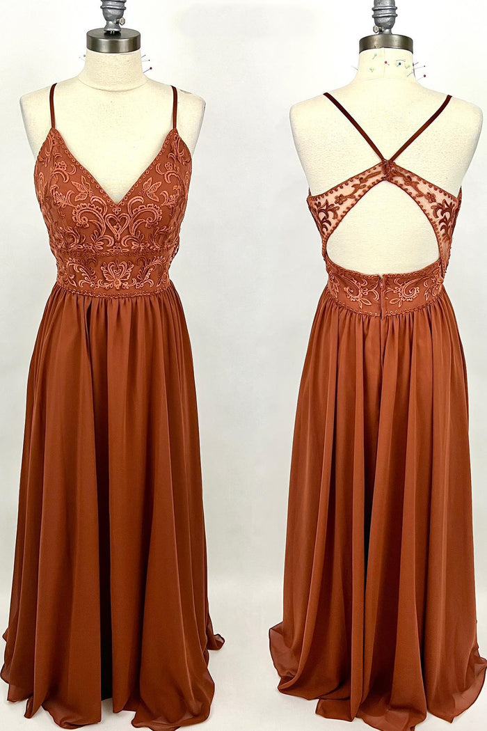 Rust Orange Lace and Chiffon A-line Long Bridesmaid Dress