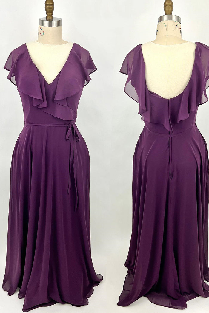 Ruffles Purple Chiffon A-line Long Bridesmaid Dress