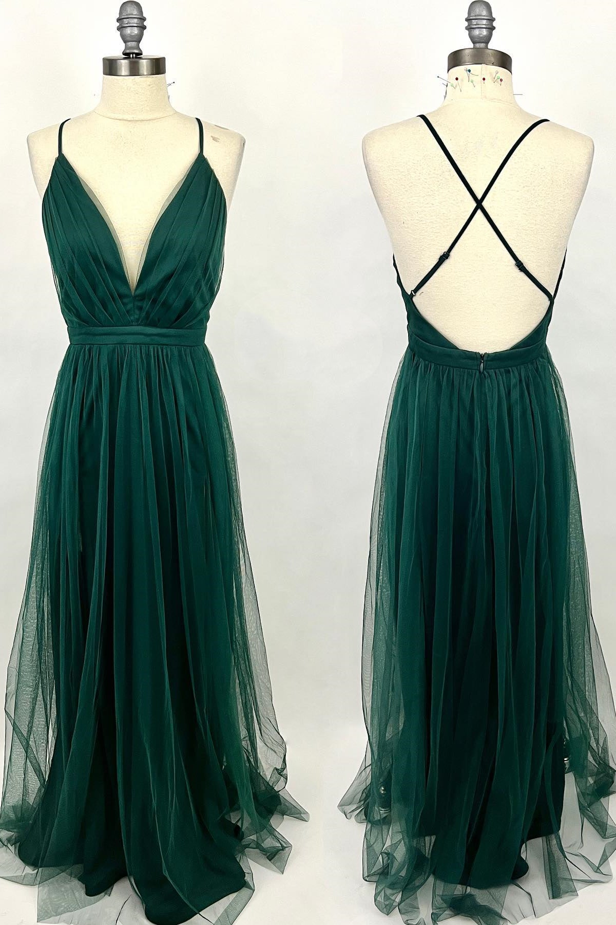 Straps Dark Green Tulle A-line Full Length Bridesmaid Dress
