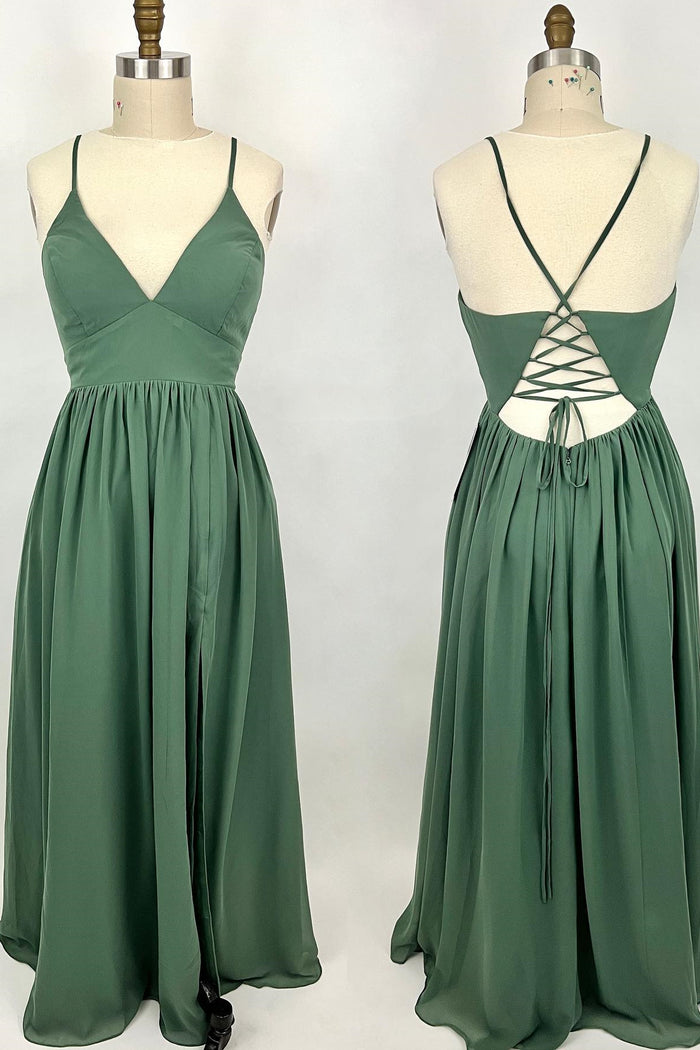 Straps Green A-line Long Formal Dress with Lace Up Back