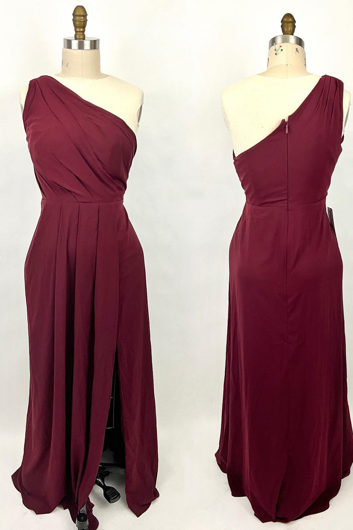 Ruched Wine Red One Shoulder A-line Long Bridesmaid Dress