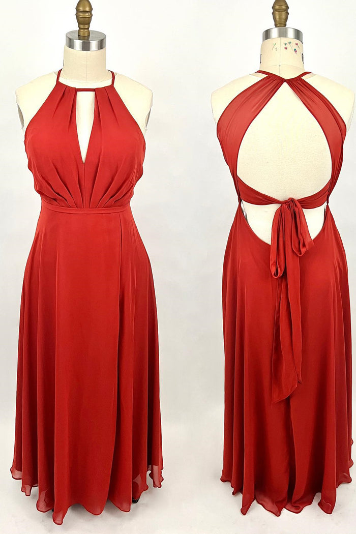 Scoop Red A-line Chiffon Long Bridesmaid Dress with Open Back