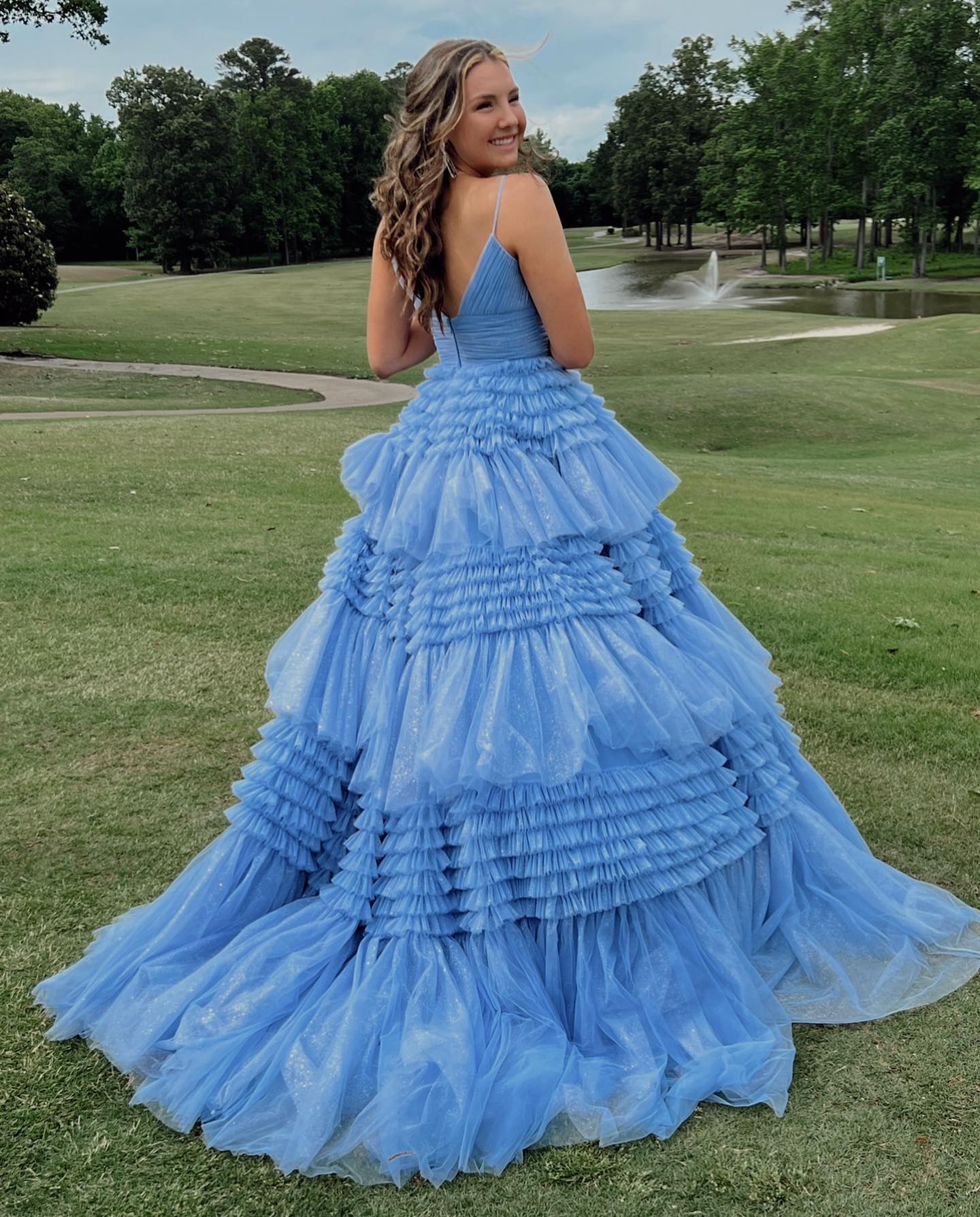 High-low multi-layer tulle skirt party dress with mid-belt and deep neck  cut back bodice