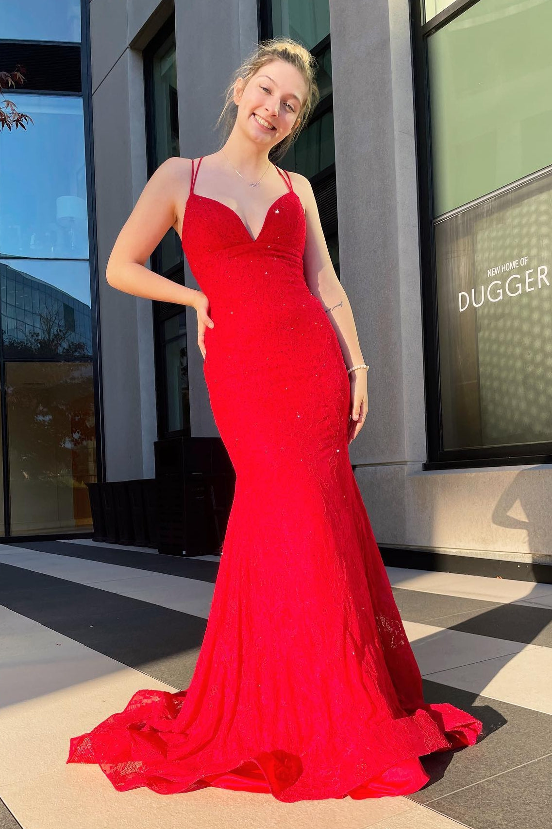 Red Lace Empire Mermaid Long Prom Dress