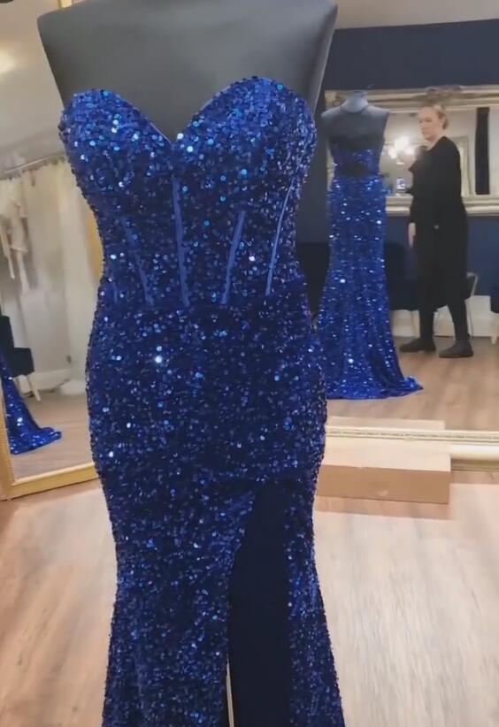 Blue Sequin Strapless Cutout Back Mermaid Long Prom Dress with Slit