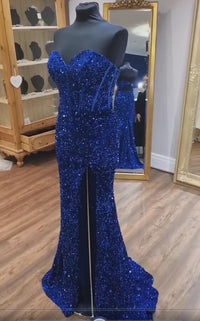 Blue Sequin Strapless Cutout Back Mermaid Long Prom Dress with Slit