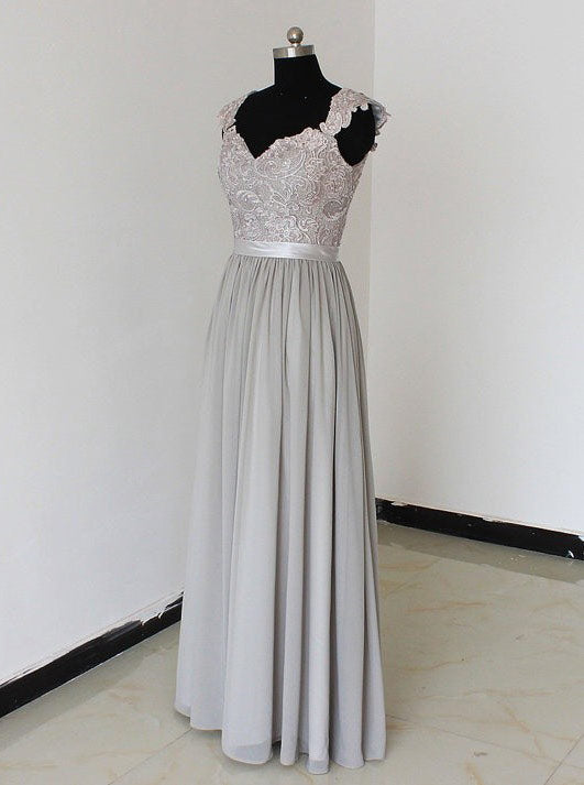 Elegant A-Line Chiffon Silver Long Bridesmaid Dress with Lace Appliques
