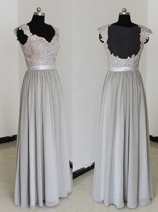 Elegant A-Line Chiffon Silver Long Bridesmaid Dress with Lace Appliques