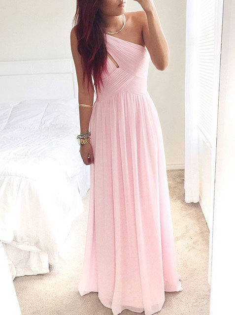 Elegant One Shoulder Long Pink Chiffon Bridesmaid Dress