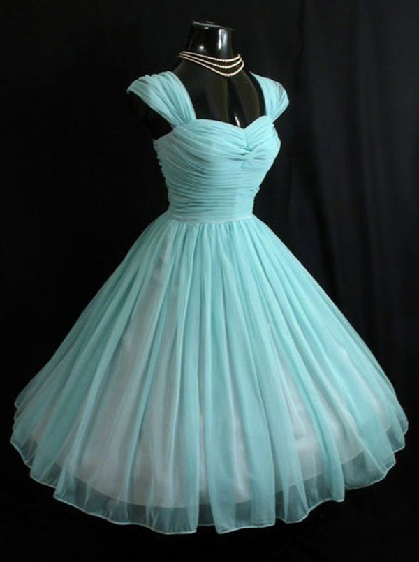Vintage Sky Blue Chiffon Cap Sleeve Homecoming Dress