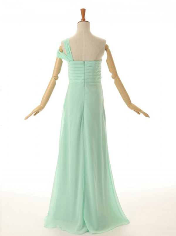 A-Line One Shoulder Floor Length Mint Green Bridesmaid Dress
