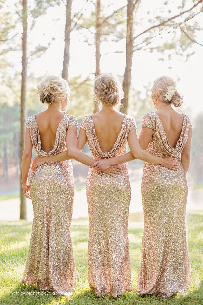 Chic Mermaid Long Sequins Rose Gold Bridesmaid Dress With Cap Sleeves