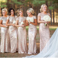 Chic Mermaid Long Sequins Rose Gold Bridesmaid Dress With Cap Sleeves