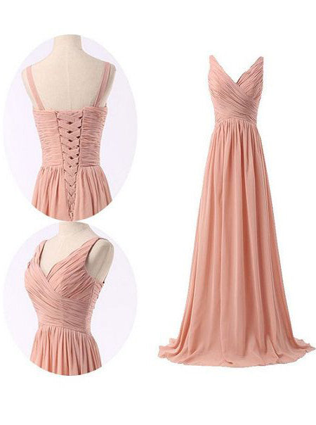 Simple Ruched Blush Pink Long Chiffon Bridesmaid Dress