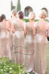 Elegant V-Neck Floor Length Sequins Gold Bridesmaid Dress