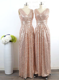 Elegant V-Neck Floor Length Sequins Gold Bridesmaid Dress