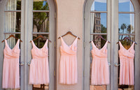 Simple V Neck Short Chiffon Pink Bridesmaid Dress