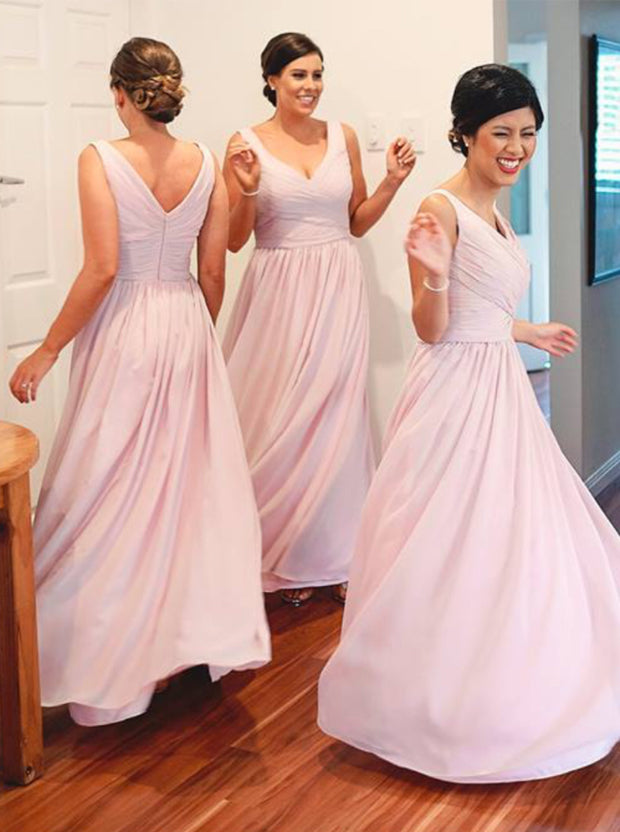 Simple A-Line V Neck Floor Length Pink Bridesmaid Dress