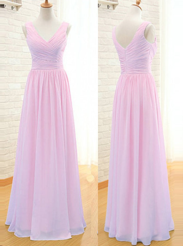 Simple A-Line V Neck Floor Length Pink Chiffon Bridesmaid Dress