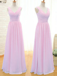 Simple A-Line V Neck Floor Length Pink Chiffon Bridesmaid Dress