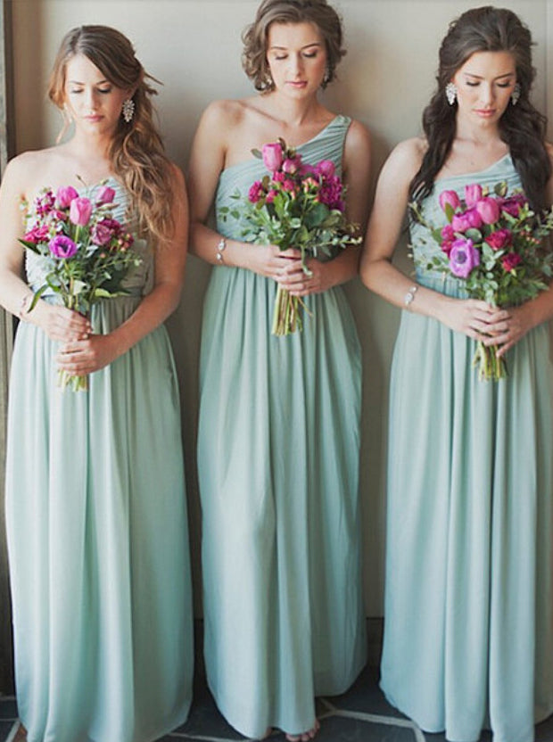 Modest One Shoulder Floor Length Green Bridesmaid Dress