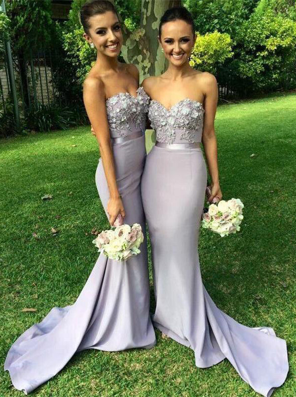 Gorgeous Strapless Mermaid Lavender Bridesmaid Dress with Appliques