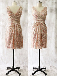 Hot-Selling V Neck Short Rose Gold Sequins Bridesmaid Dress