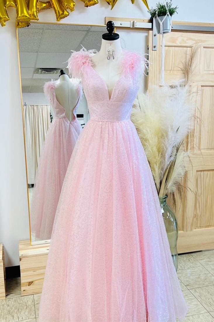 Glitter Feathers V-Neck Empire Waist A-Line Prom Gown