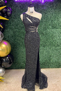Sequins Mermaid One Shoulder Cut-Out Slit Long Prom Dress