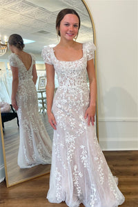 White Beaded Appliques Square Neck Puff Sleeves Long Prom Dress
