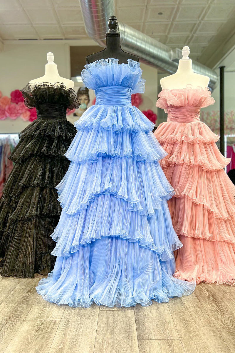 Candy Pink Tulle A-line Strapless Ruffles layers Long Prom Dress