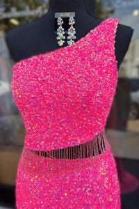 Fuchsia One Shoulder Sequins Tassels Cut-Out Long Prom Dress with Slit