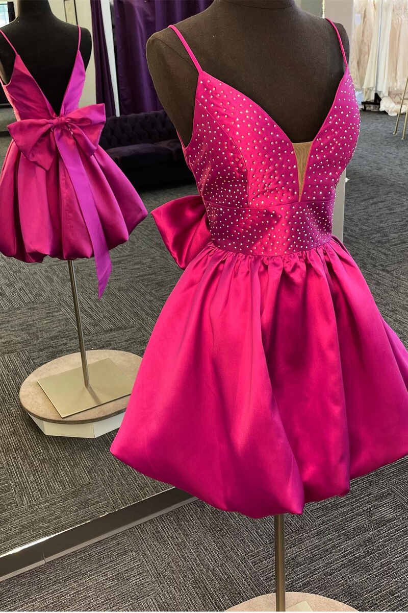 Glitter Magenta V-Neck Bow Back A-Line Short Homecoming Dress